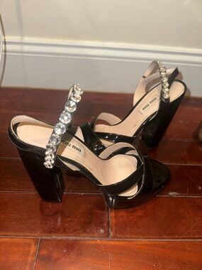 Miu Miu Black Patent Crystal-Strap Block Heel Sandals
